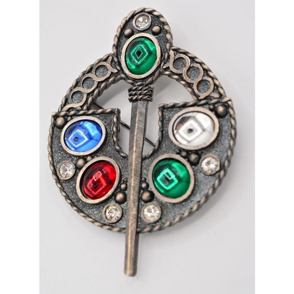 Vintage Pin Brooch Cabochon Large Heavy Celtic Ardagh Red Blue Chunky 70s BinAJ - Picture 2 of 12
